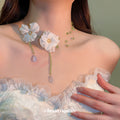 White Fabric Flower Green Bead Blue Drop Necklace Earrings view 3