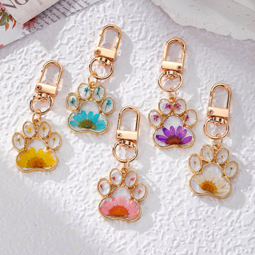 Gold Cat Paw Dried Flower Resin Keychains Lobster Clasp 5 Colors