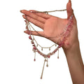Layered Beaded Chain Necklace in Pink and Silver Tones view 5