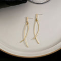 Gold Tone Crossing Wire Minimalist Long Stud Earrings view 2