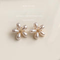White Pearl Five Petal Flower Stud Earrings Gold Centers view 4