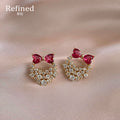 Gold Pink Bow Handbag Stud Earrings Clear Crystal Pave view 4