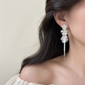 White Petal Flower And Chain Tassel Dangle Earrings view 2