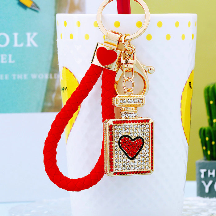 Jeweled Heart Perfume Bottle Keychains with Braided Loops and Loop Only Options