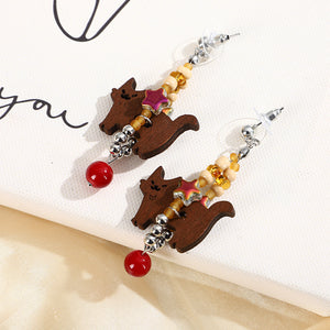 Wood Walking-Cat Bead Dangle Earrings with a Red Drop, 0.81 x 6.5 cm