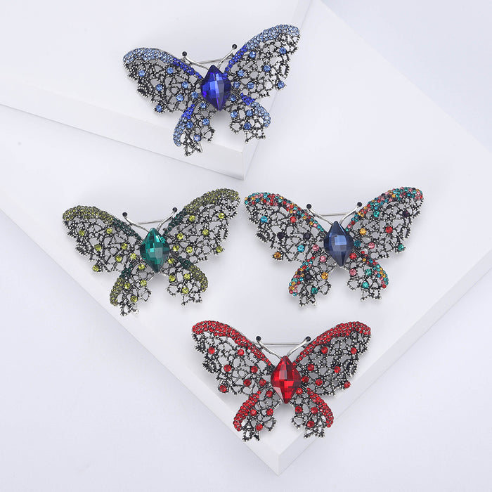 Openwork Rhinestone Butterfly Brooch Pear Center Four Colors