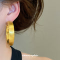 Wide Gold Tone Round Hoop Earrings with Brushed Finish view 3