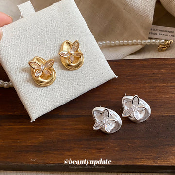 Sculpted Bow and Flower Stud Earrings in Two Metal Tones