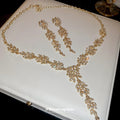 Gold Tone Wheat Leaf Crystal Necklace And Long Earring Set view 1