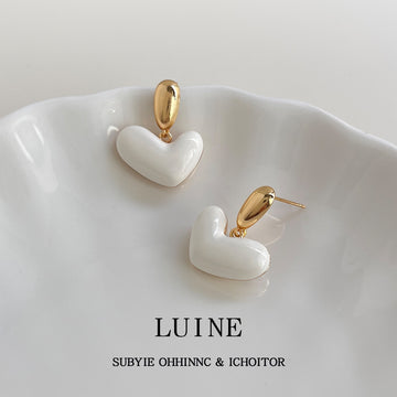Gold Tone White Heart Drop Stud Earrings For Women