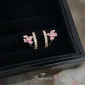 Gold Pink Enamel Flower Wrap Stud Earrings With Clear Stones view 4