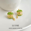 Gold Tone Green Apple Enamel Lattice Drop Stud Earrings view 6