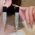 Burgundy Velvet Square Stud Earrings With Crystal Tassels view 3
