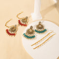 Green and Teal Bead Ornate Jhumka Ear Chain Earrings view 2