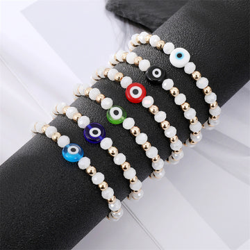 Gold Tone White Bead Colorful Evil Eye Stretch Bracelets