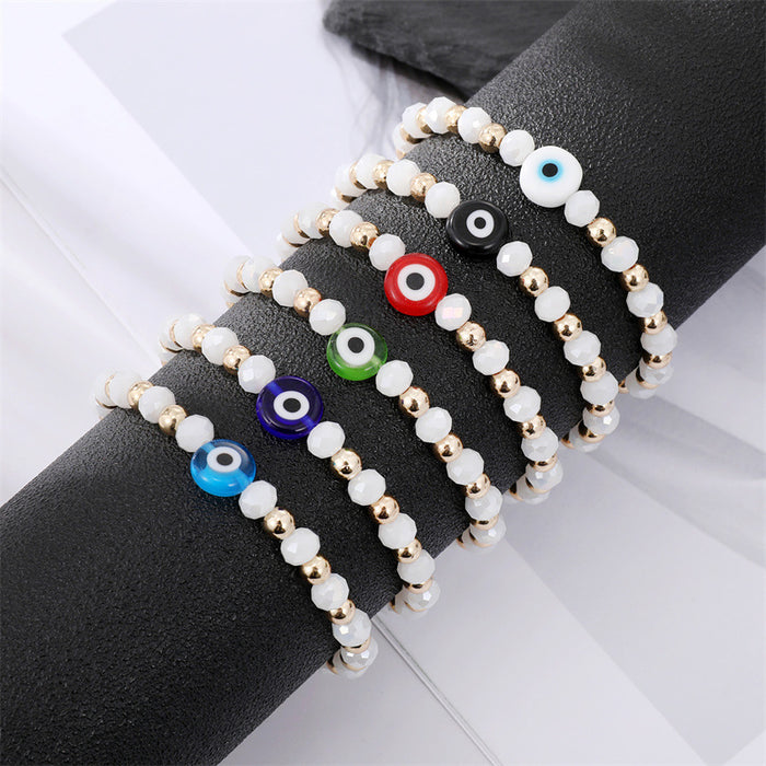 Gold Tone White Bead Colorful Evil Eye Stretch Bracelets