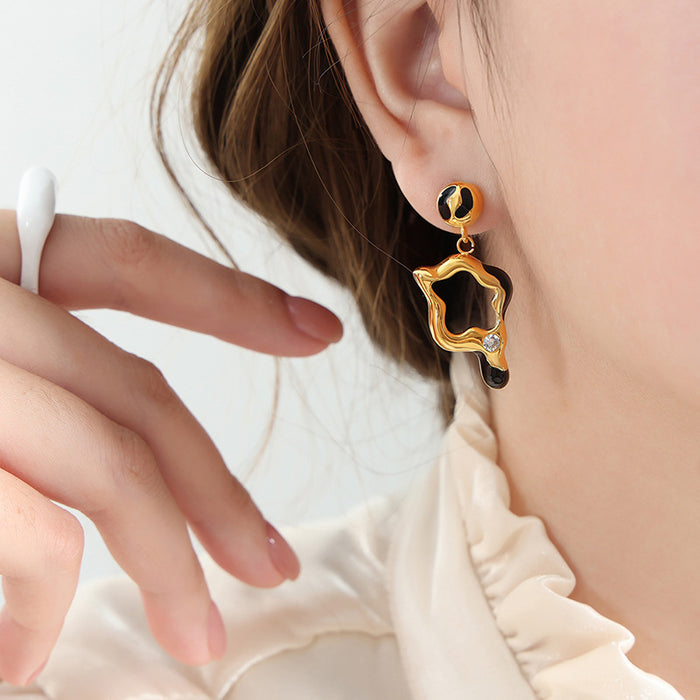 Irregular Open Frame Drop Earrings Black Enamel Crystal