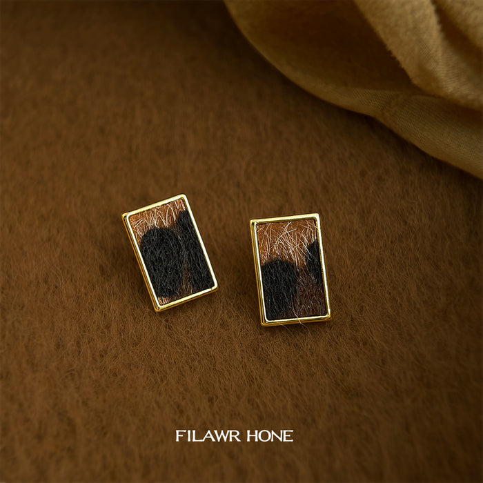 Gold-Tone Rectangle Leopard Faux Fur Stud Earrings Pair