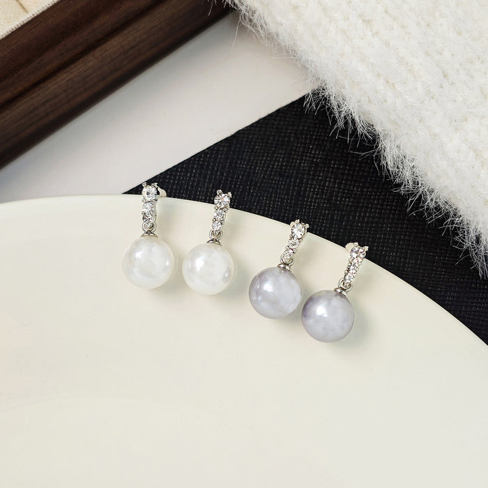 White and Gray Pearl Drop Earrings with Crystal Bar Studs