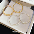 Gold Tone Textured Double Hoop Geometric Statement Earrings view 3