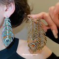 Crystal Feather Drop Earrings in Gold Brown or Blue Green view 2