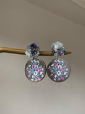 Floral Print Round Disc Earrings with Iridescent Flower Studs view 6