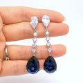 Silver Tone Clear and Blue Teardrop Long Drop Earrings view 1