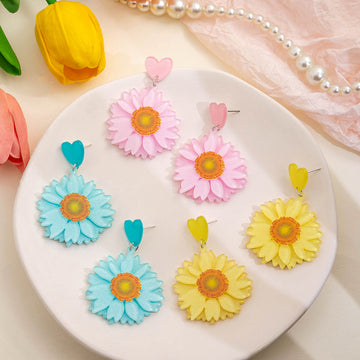 Acrylic Sunflower Heart Stud Drop Earrings Blue Pink Glitter
