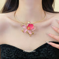 Gold Tone Collar Necklace With Pink Flower Pendant view 3