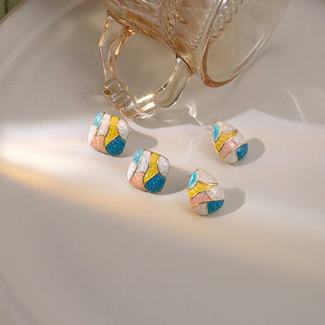 Multicolor Enamel Teardrop Stud Earrings Pastel Mosaic