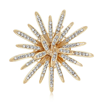 Layered Rhinestone Sunburst Flower Brooch in Silver and Gold