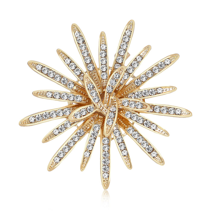 Layered Rhinestone Sunburst Flower Brooch in Silver and Gold