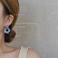 Silver-Tone Hoop White Blue Marbled Resin Flower Earrings view 2