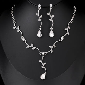 Black Silver Tone Branch Vine Teardrop Crystal Two Designs Metal Necklace and Earring Set