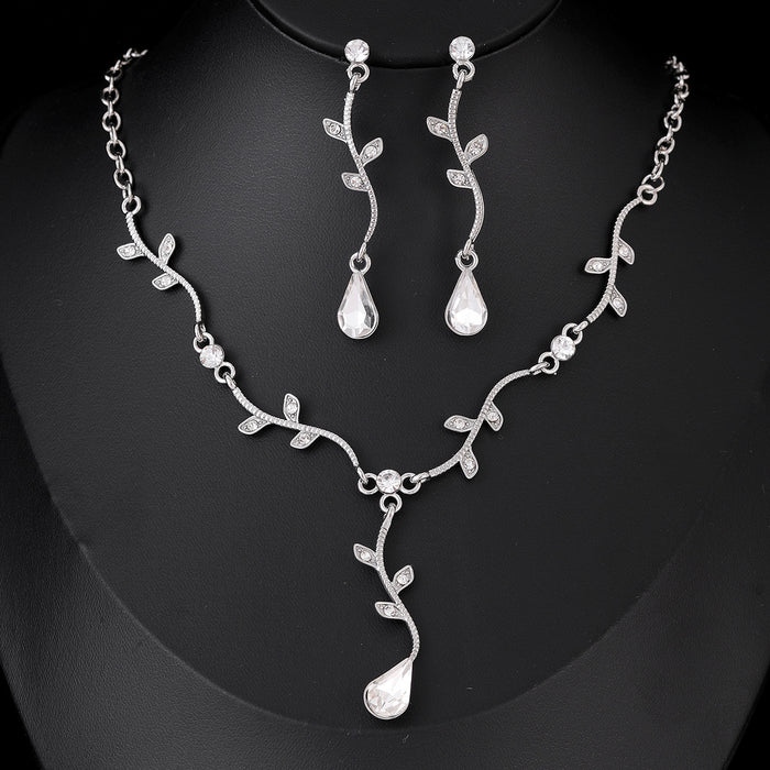 Black Silver Tone Branch Vine Teardrop Crystal Two Designs Metal Necklace and Earring Set