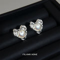 Silver Tone Liquid Ripple Heart White Pearlescent Center Stud Earrings view 3