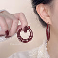 Glossy Burgundy Round Hoop Earrings In Three Graduated Sizes view 2
