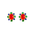Gold Red Oval Cabochon Multicolor Gem Stud Earrings view 5