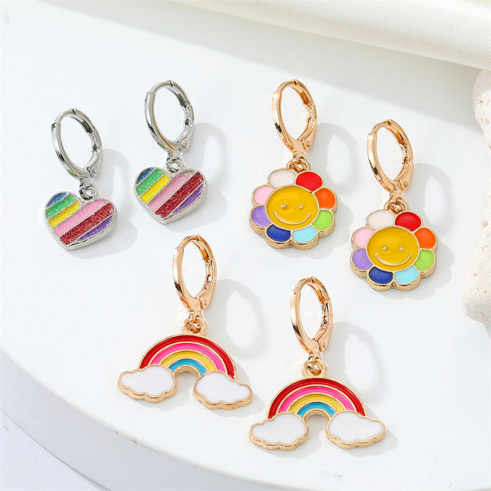 Rainbow, Smiling Flower and Heart Huggie Drop Earrings