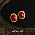 Wine Red Oval Cabochon Stud Earrings Gold Twisted Rope view 1