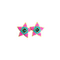 Pink Enamel Look Star Green Center Statement Stud Earrings view 5
