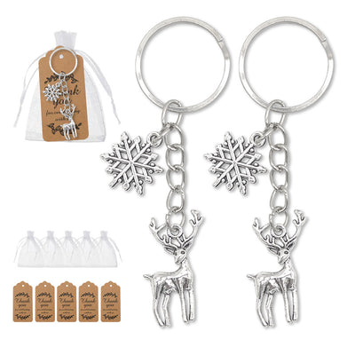 Reindeer snowflake keychains with white organza bags and tags