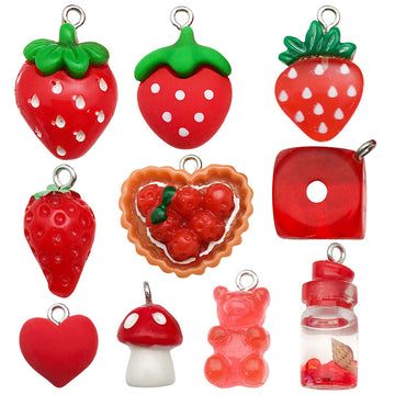 Red Strawberry and Heart Glossy Charms with 11 Listed Options