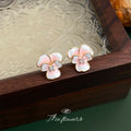 Pink White Enamel Flower Stud Earrings Gold Crystal Center view 3