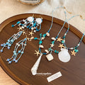 Blue Bead Starfish Shell Tassel Earring and Necklace Pieces view 2