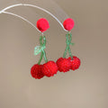 Red Pom Pom Cherry Drop Earrings With Green Stems Statement Jewelry Design view 6
