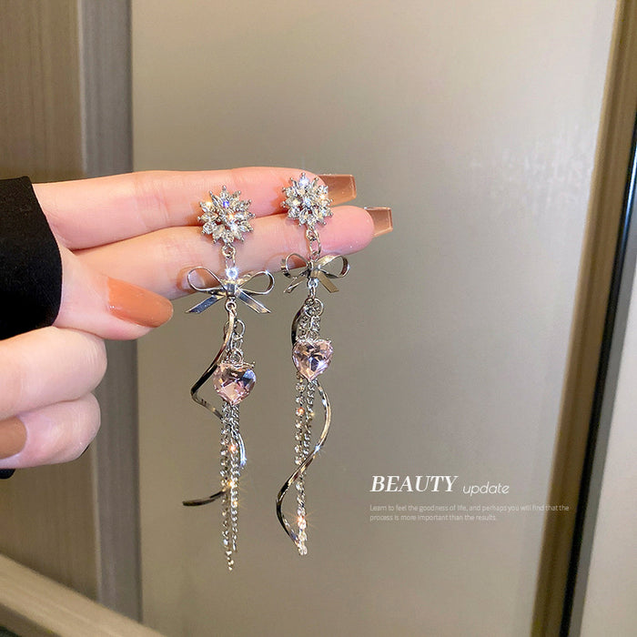 Silver Tone Crystal Floral Bow Chain Drop Earrings