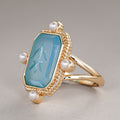 Gold Tone Blue Carved Gem Pearl Accent Ring Sizes 6-10 view 3