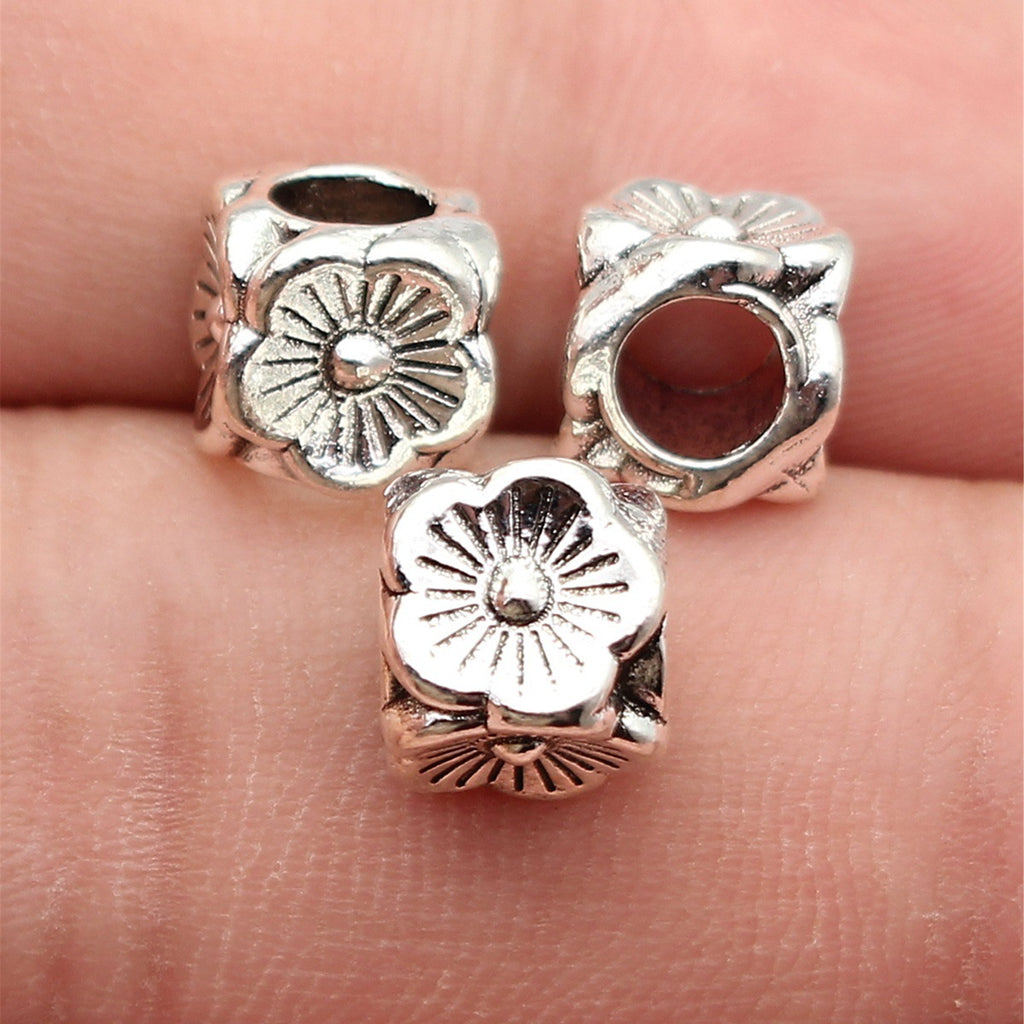 8.2x8x8mm 1.7g Antique Silver Zinc Alloy Four-Sided Flower Large Hole Beads for Bracelet Jewelry Making