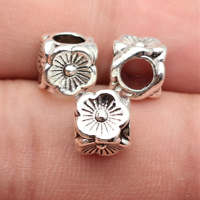 Antique Silver Four Sided Daisy Flower Large Hole Bead